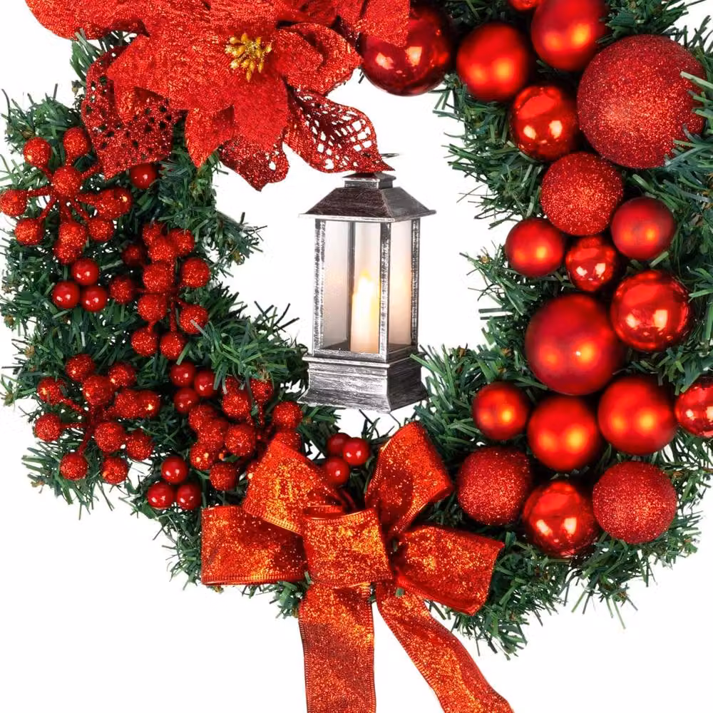 Globrite Red Christmas Wreath with Bows, Baubles and Lantern, Diameter: 40 cm – 9