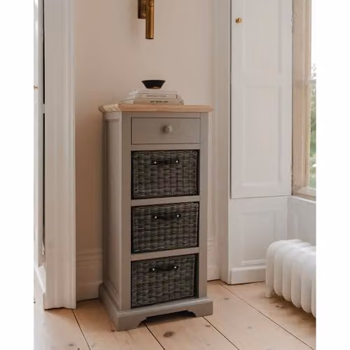 Florence Tallboy Storage Unit with Drawer and 3 Baskets in Dove Grey with Limed Acacia Wood Top, W/D/H: 54 x 42 x 113 cm – 1