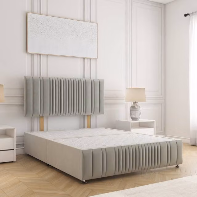 BSSPOKE Rosie Divan Bed with 24 inch Headboard in Silver Plush Velvet, King Size, W/D/H: 180 x 200 cm