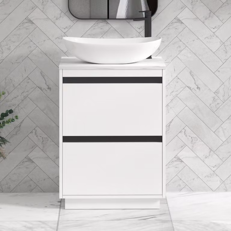 Royal Bathrooms Orion 800mm Matt White Floor Standing 2 Drawer Countertop Vanity Unit with Cesar Basin and Black Accent Trim