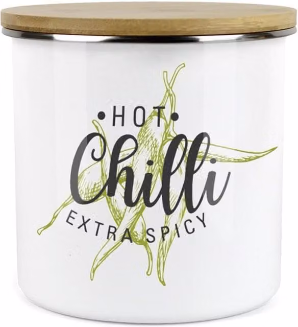 Purely Home Green Label Herbs Storage Canister, Chilli, White and Green Enamel Ceramic