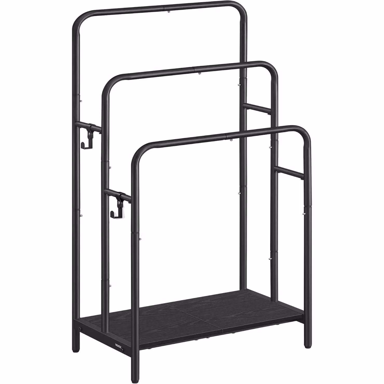 SONGMICS Compact Freestanding 3-Bar Towel Rack with 2 Hooks and Storage Shelf in Black – 5