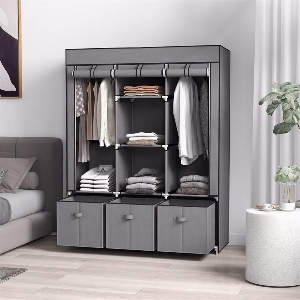 Kelvenix Dark Grey Fabric Wardrobe with 5 Shelves and Hanging Rod – 3