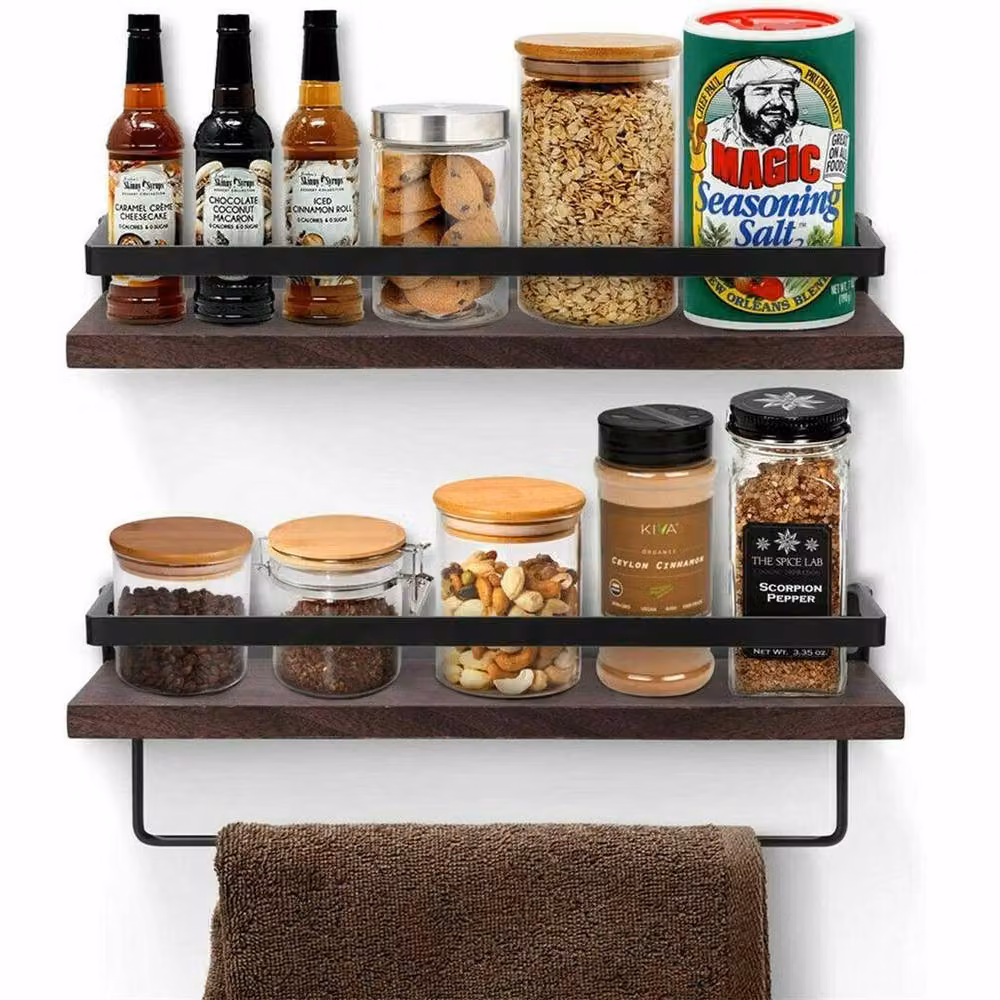 FORGEVIO Set of 2 Large Rustic Floating Wall Shelves in Black and Brown Pine Wood – 4