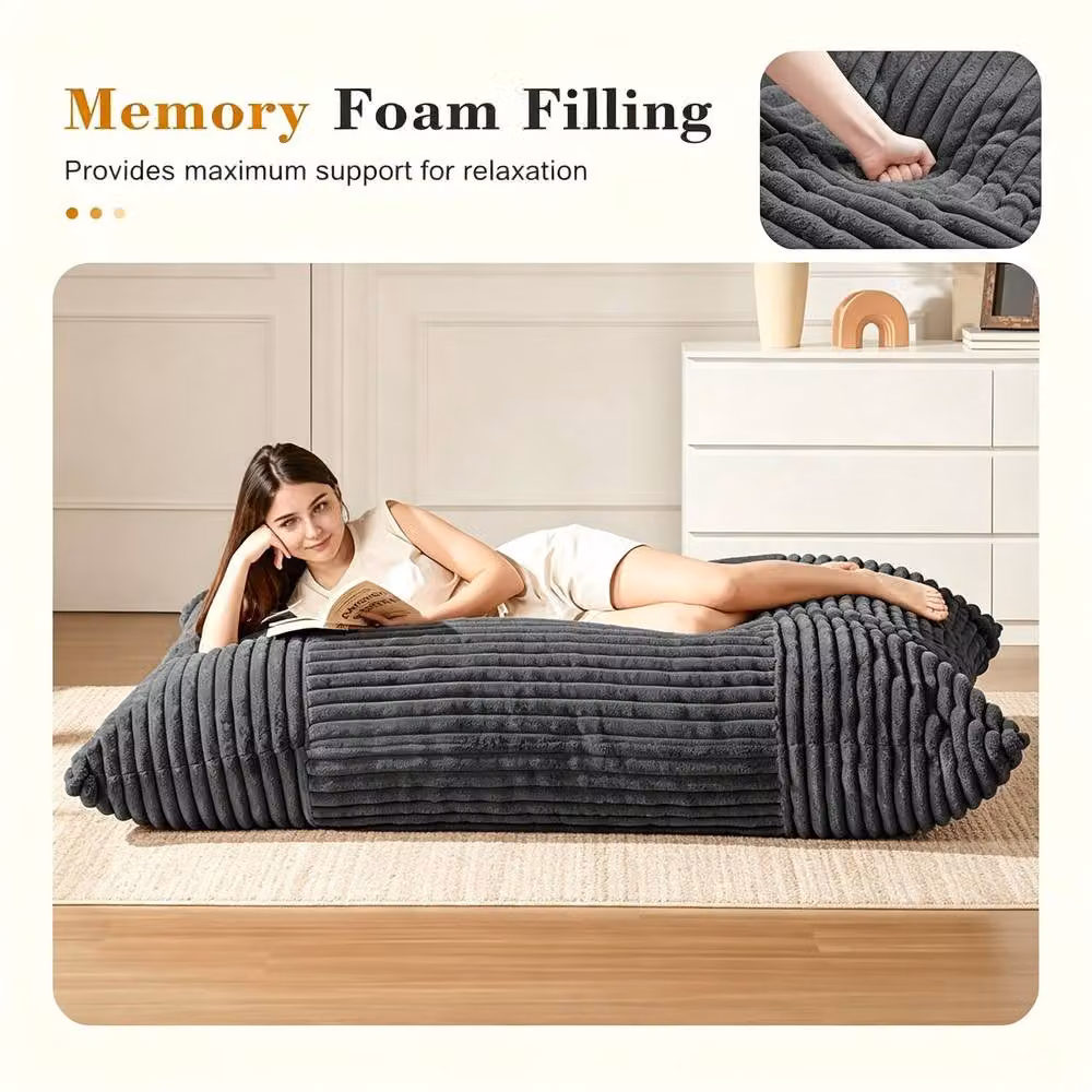 STILVORA 3-in-1 Convertible Bean Bag Chair in Grey Corduroy with Removable Cover and Shredded Memory Foam – 6
