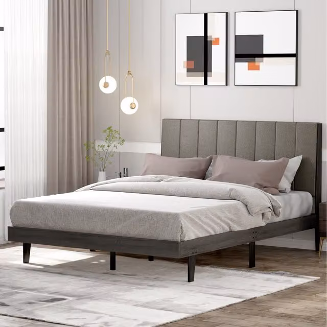 Costway Upholstered Bed Frame Mattress Foundation with Wood Slats in Grey