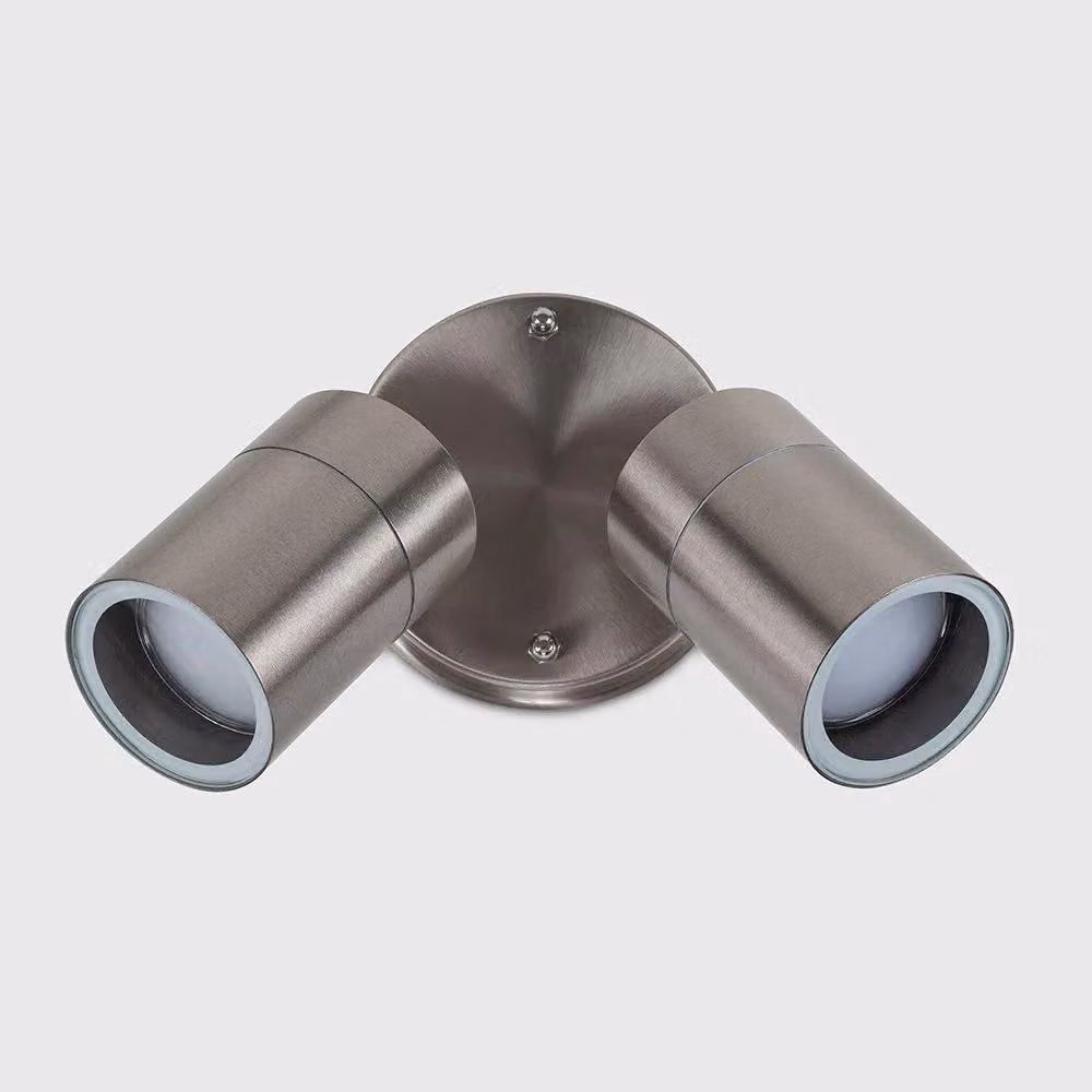 MiniSun Set of 2 Modern Stainless Steel Twin Outdoor Wall Spotlights in Silver – 2