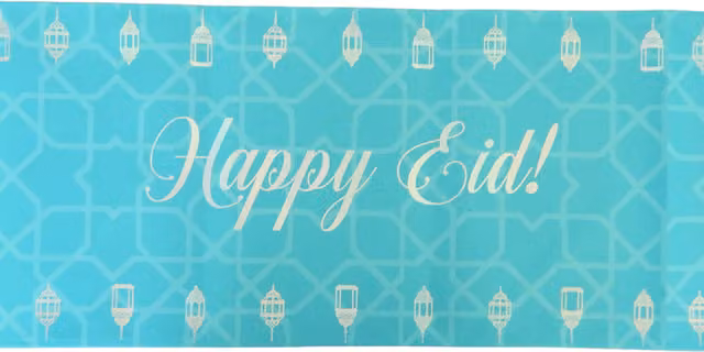 Peacock Supplies Happy Eid Cotton Table Runner in Teal with Graphic Ethnic Design