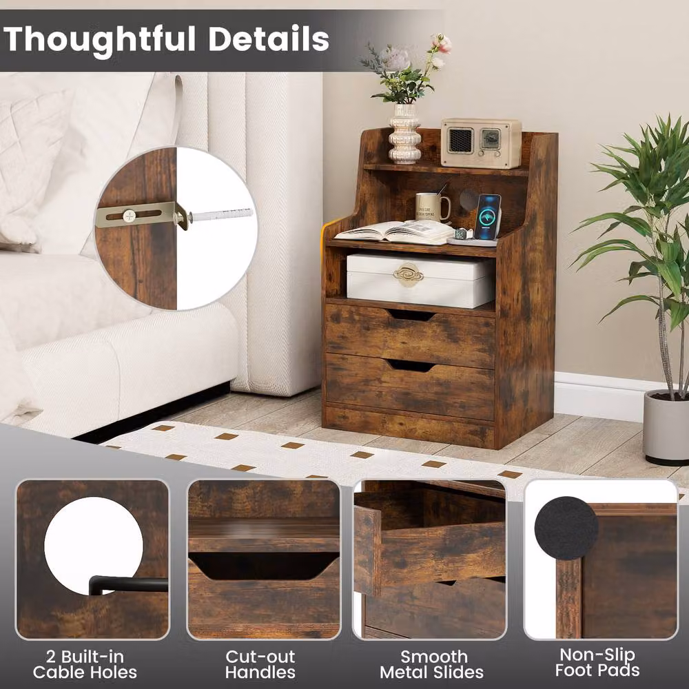 Costway Modern 2-Drawer LED Nightstand with Charging Station in Brown – 8