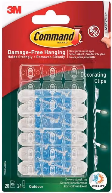 Command Clear Outdoor Draughting Clips, 20 Pack, Transparent and Multicolour Plastic