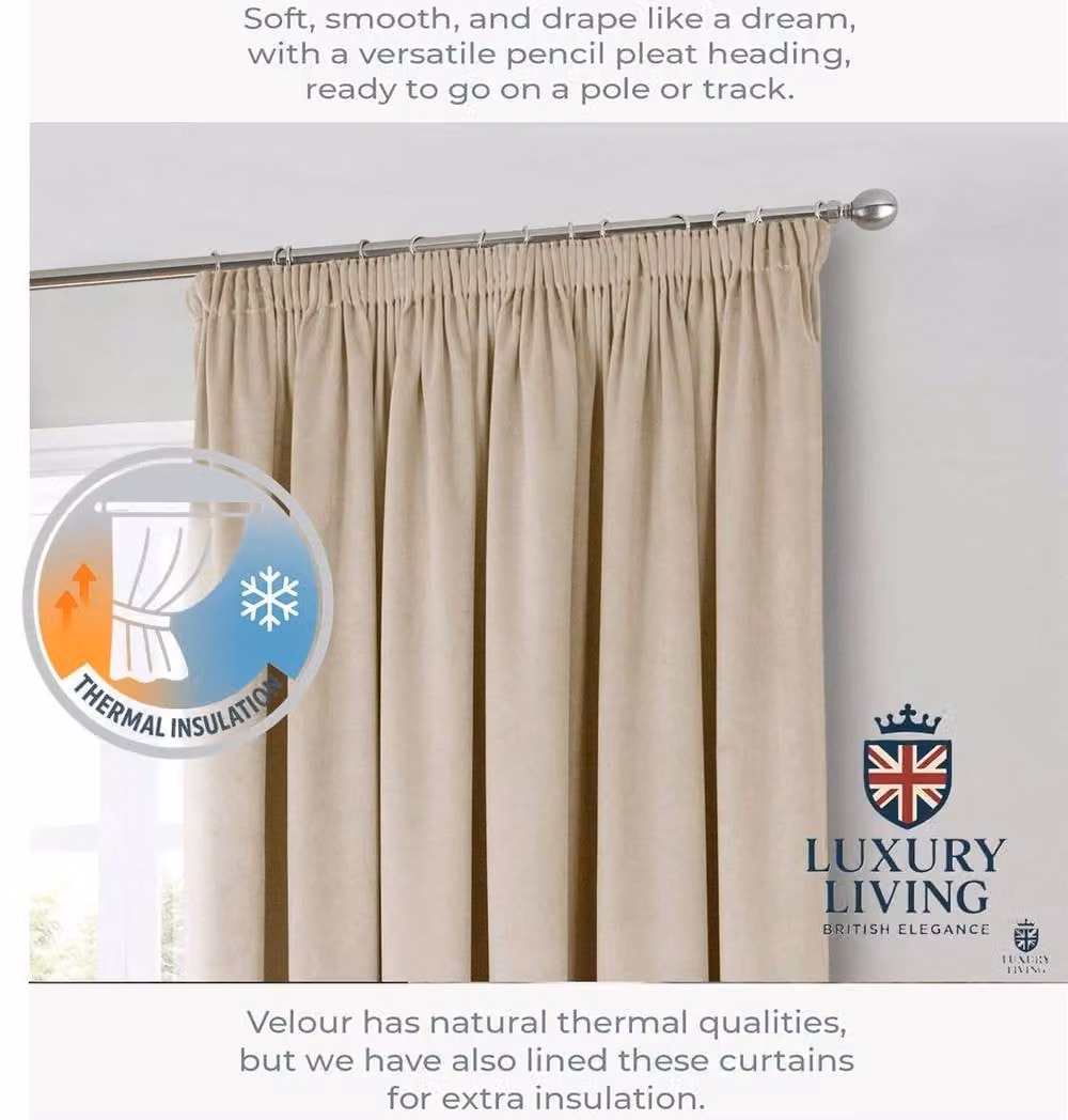 Luxury Living Montreal Velvet Taped Top Curtains in Beige, Width: 229 cm, Drop: 213 cm – 2