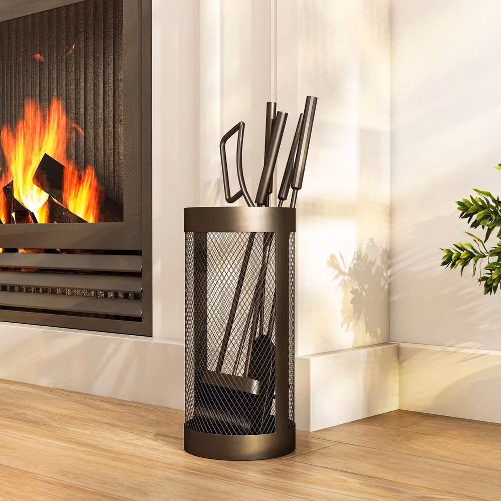 OUTSUNNY 5-Piece Fireplace Tools Set with Basket in Black – 2