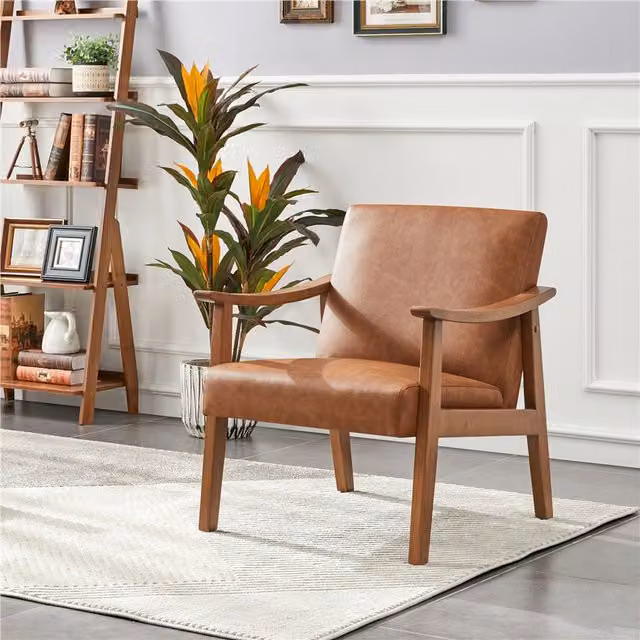 Yaheetech Mid-Century Synthetic Leather Upholstered Accent Armchair with Armrests in Brown