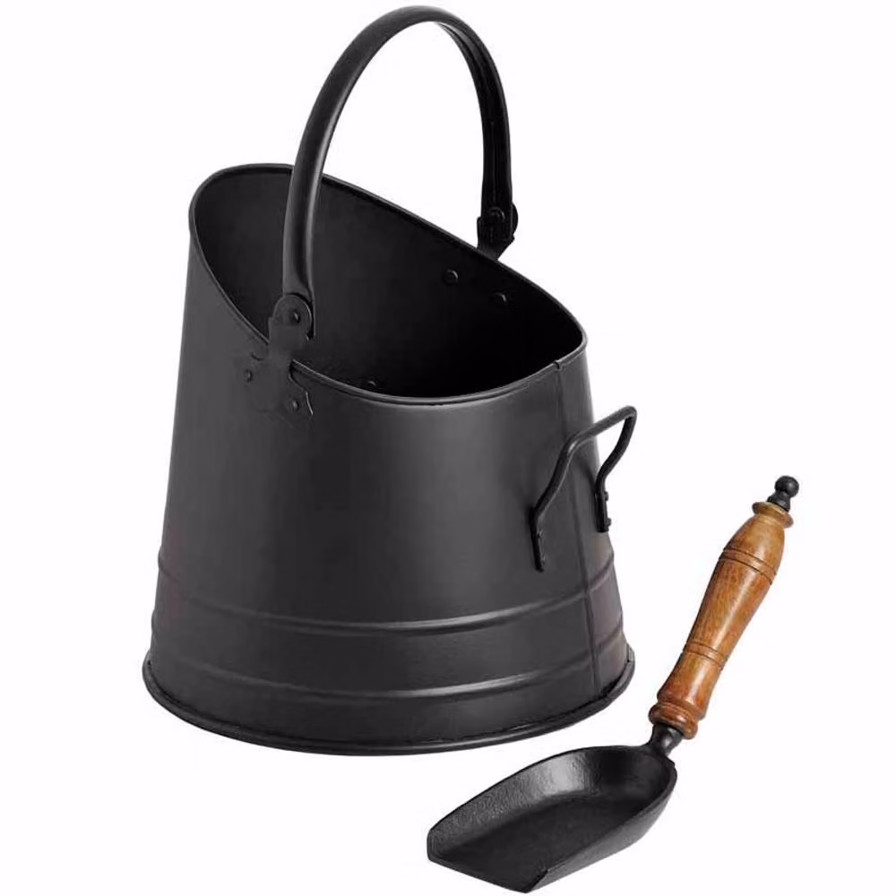 Lemon Pavilion Furniture and Decor Black Steel Coal Bucket with Teak Handle Shovel, W: 25 cm, D: 22 cm, H: 28 cm – 2