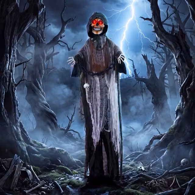 HOMCOM Animated Halloween Grim Reaper for Covered Outdoor, Black, Height: 170 cm