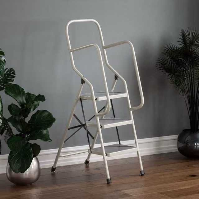 Home Vida 3-Step Heavy Duty Steel Folding Ladder with Safety Rails in White – 1