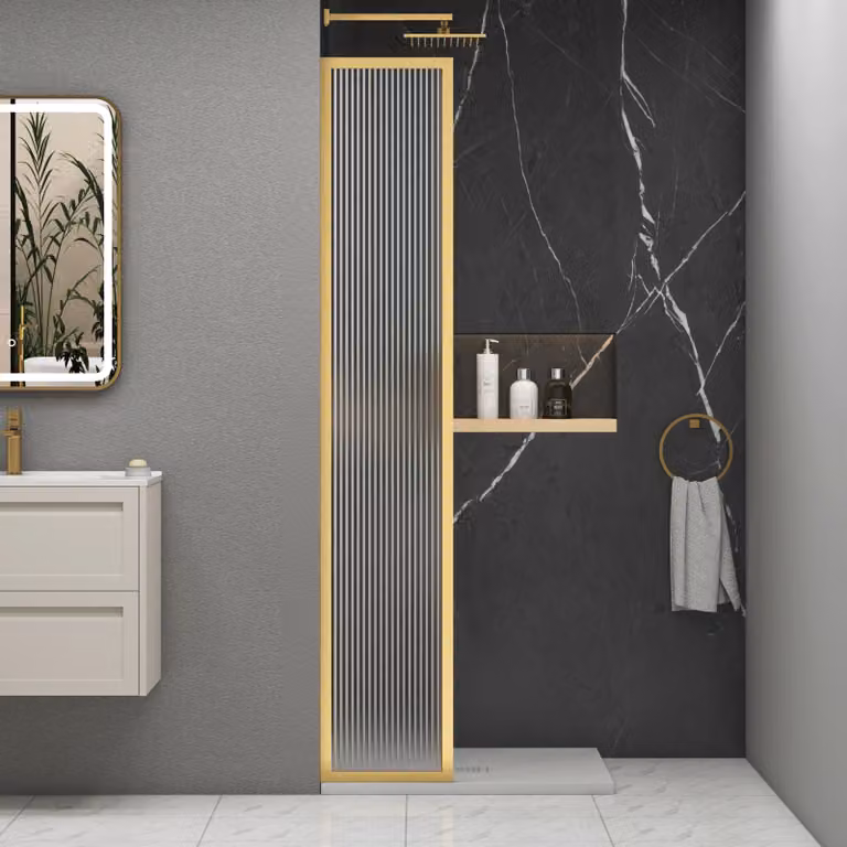 Luxor Fixed Walk-In Wet Room Fluted Shower Screen with Brushed Brass Frame, Gold, W: 30 cm, H: 195 cm, D: 30 cm, 8mm Easy Clean Glass
