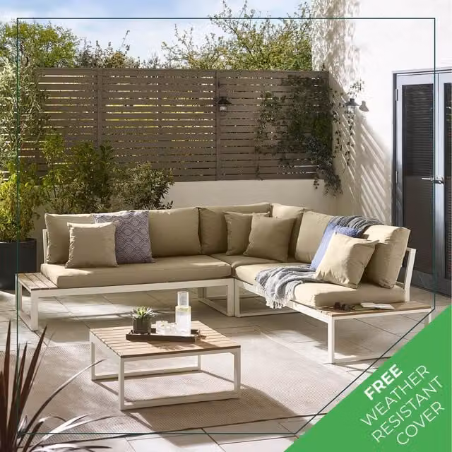 Furniturebox Dubai Metal and Wood 6 Seat Garden Corner Sofa and Table Set in White Olive