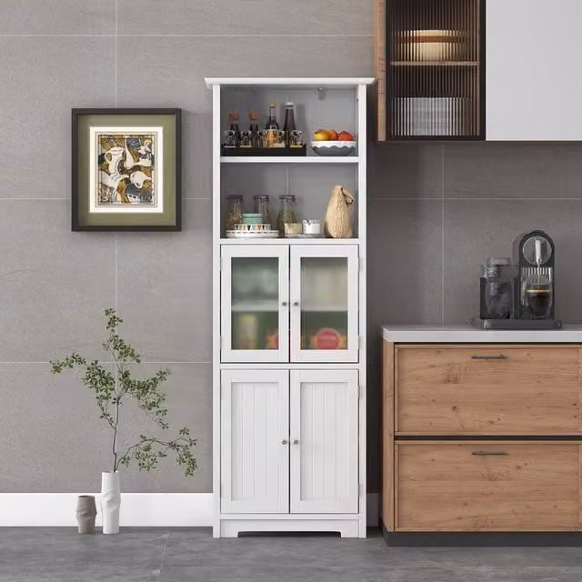 EONLION White Lacquered Wood Tall Storage Cabinet with 2 Hinged Doors and Open Shelf, Height: 100 cm