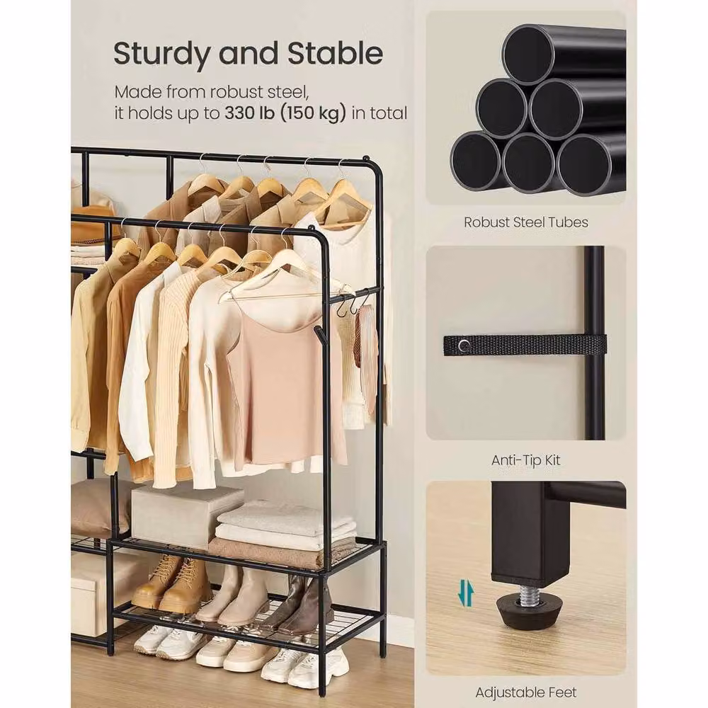 The Bazaarist Heavy Duty Open Wardrobe with 7 Shelves and Double Rails, Black – 3