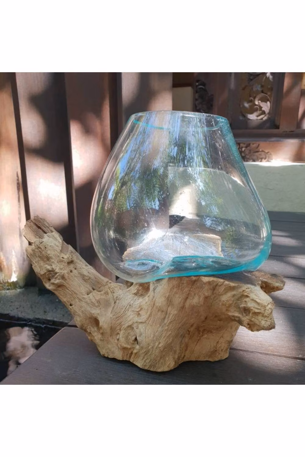KDMD Handmade Molten Glass and Wood Bowl with Bali Gamel Stand in Turquoise – 3