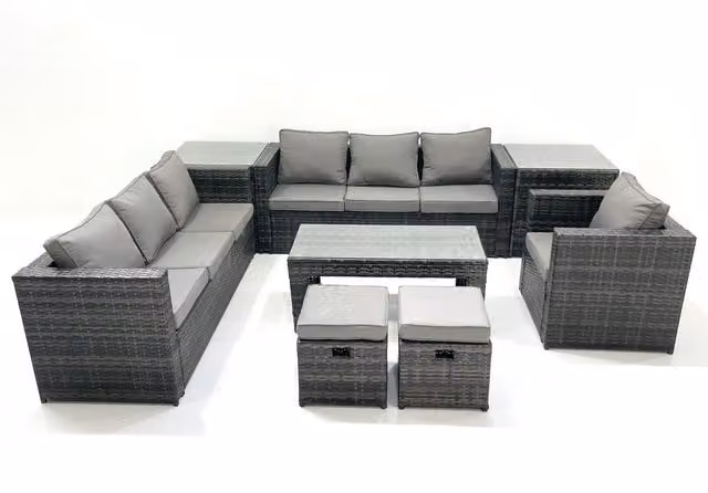 Fimous 9 Seater Rattan Garden Furniture Set in Dark Grey with Glass Top Coffee Table and 2 Side Tables
