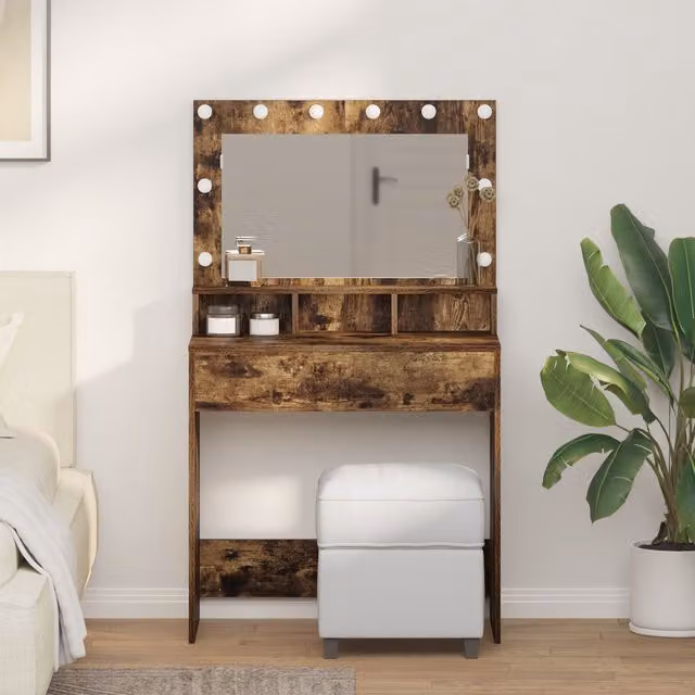 Berkfield Home Modern Smoked Oak Vanity Table with LED Mirror in Brown, W/D/H: 75.5 x 41 x 135 cm – 1