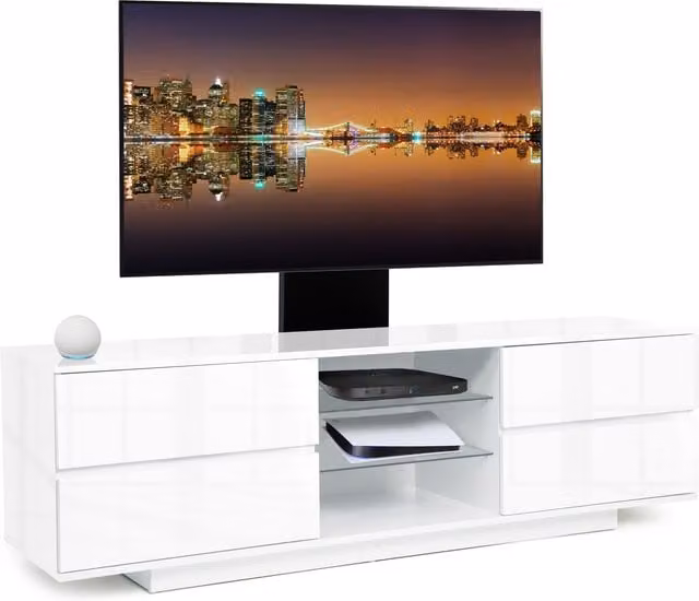 Centurion Supports AVITUS TV Cabinet with Mounting Arm in White and Black Glossy MDF and Glass, W/D/H: 158.0 x 40.0 x 48.0 cm