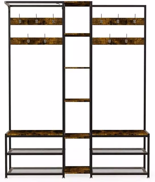 NESTLUNE Industrial Large Corner Hall Tree Bench with Shoe Storage and Coat Rack in Brown – 1