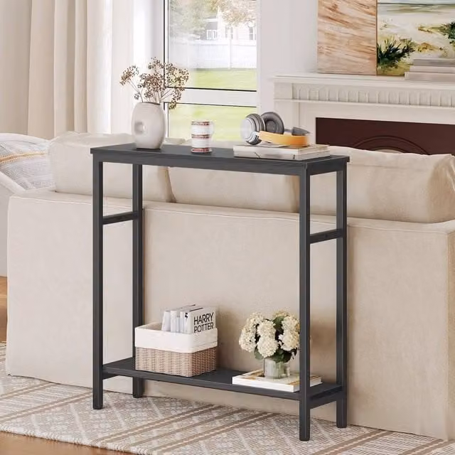 FORGEVIO Black Console Hallway Table with Adjustable Shelf, W: 80 cm, D: 24 cm, H: 80 cm – 1