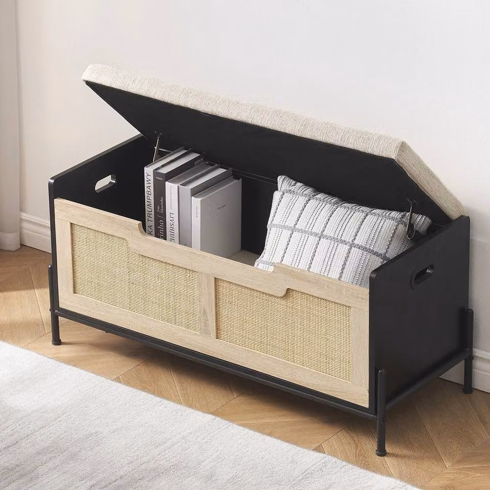 VOGREX Black Rattan Entryway Storage Bench and Chest Trunk – 3