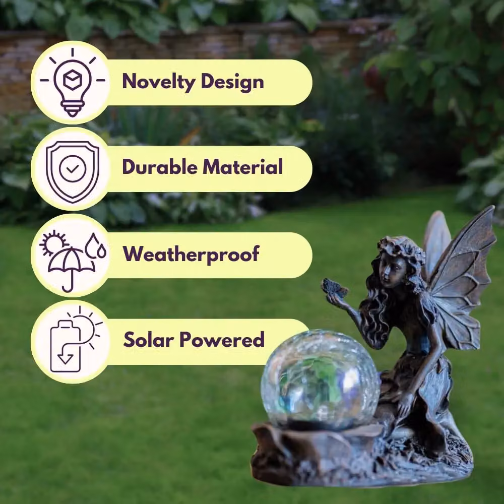 Marco Paul Multicolour Fairy with Crystal Ball Solar Garden Ornament, Height: 19 cm – 6