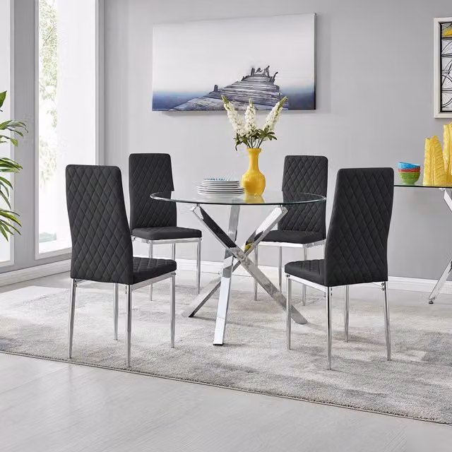 FurnitureboxUK Selina Chrome Round Glass Dining Table and Four Milan Chairs Set in Black
