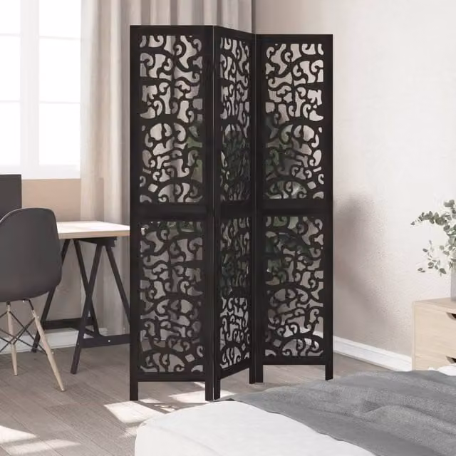 Berkfield Home 3-Panel Black Solid Wood Paulownia Room Divider, H 180 cm x W 330 cm (3 x 110 cm) – 1