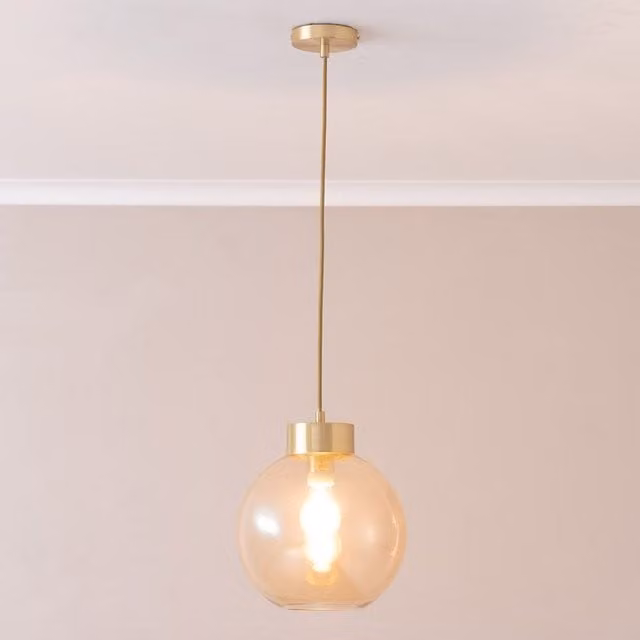 ValueLights Bellamy Amber Glass Globe Pendant Light with Brushed Gold Cap