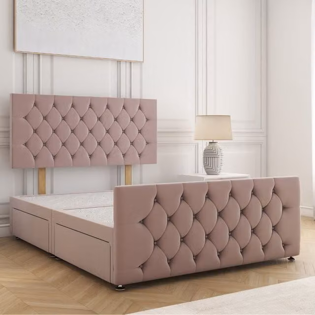BSSPOKE Maya Double Velvet Divan Bed with 24 inch Headboard and 2 Same Side Drawers in Pink, W/D/H: 140 x 200 x 30.48 cm