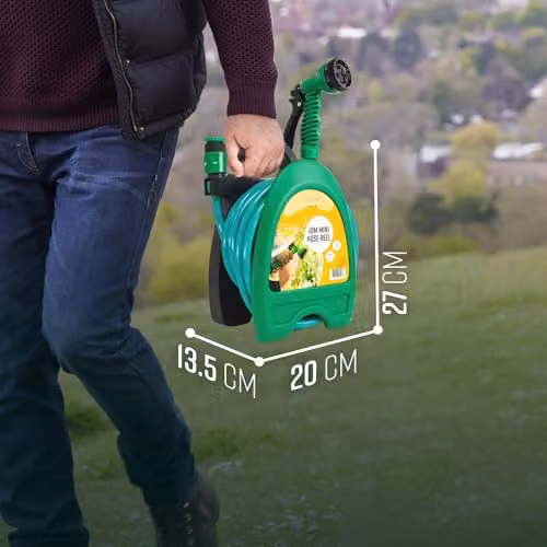 GloBrite Mini Wall-Mounted Hose Reel in Green with 10m Garden Hose Pipe, Spray Gun and Adjustable Nozzle – 6