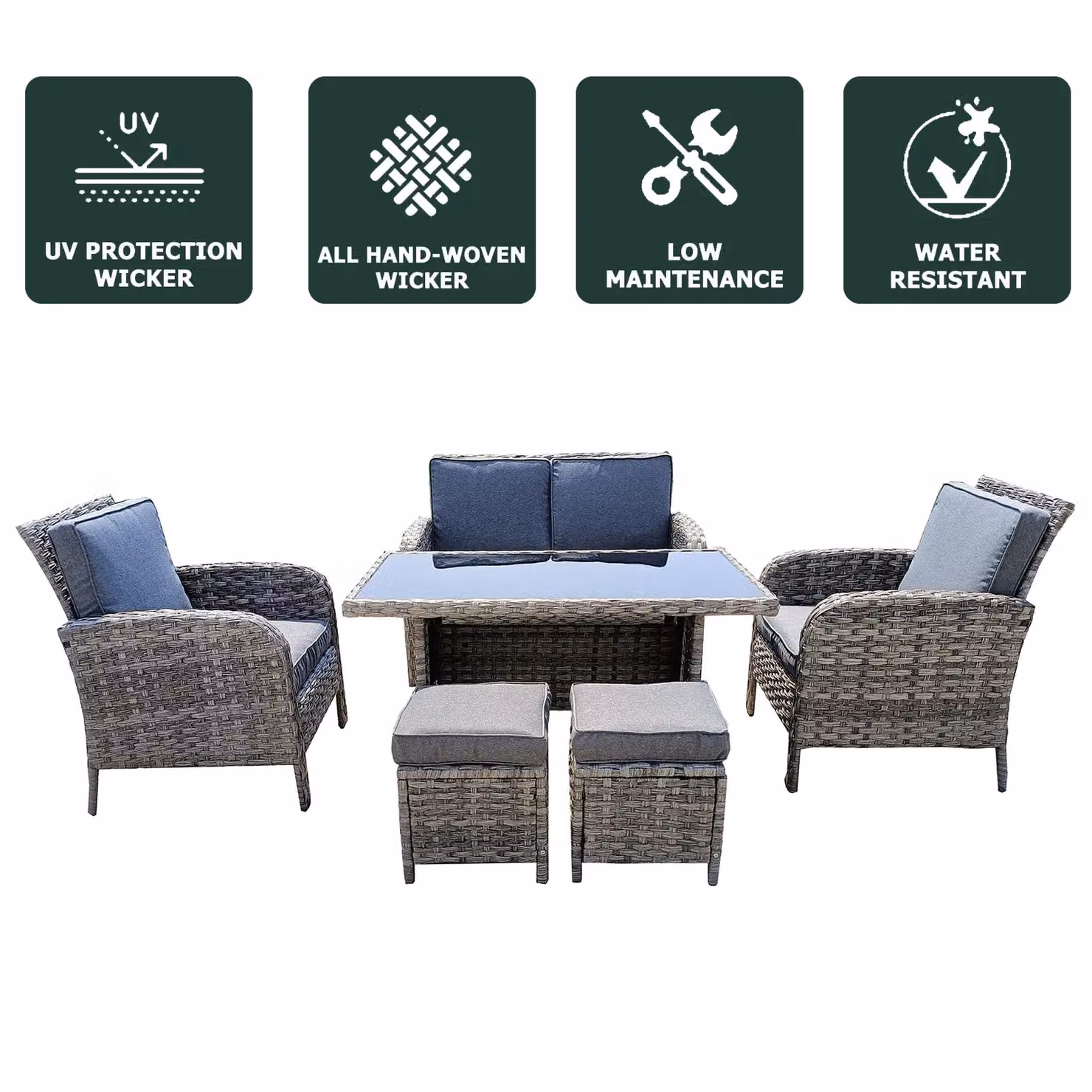 FURNITURE ONE 6 Seater Grey Rattan Garden Furniture Set with Dining Table and Stools – 5