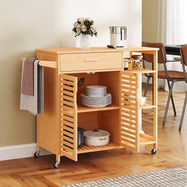 COSTWAY Scandinavian Style Rolling Kitchen Island Cart and Storage Sideboard in Brown Bamboo Wood with Matt Finish