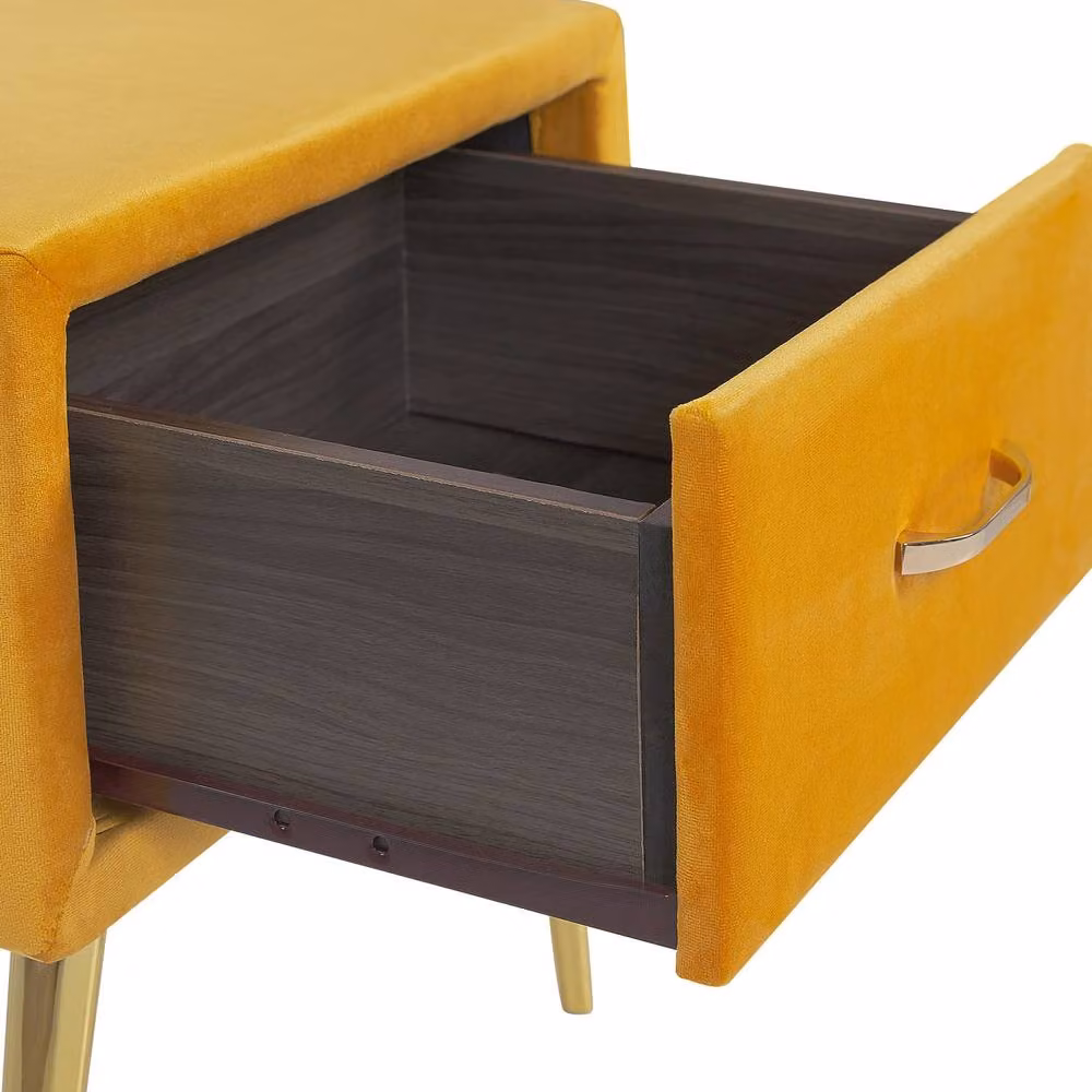Wyld and Coco Yellow Velvet Bedside Table with Gold Metal Legs and 1 Drawer – 3