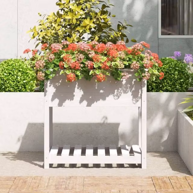 Berkfield Home White Solid Wood Pine Planter with Shelf, W: 82.5 cm, D: 54 cm, H: 81 cm – 1