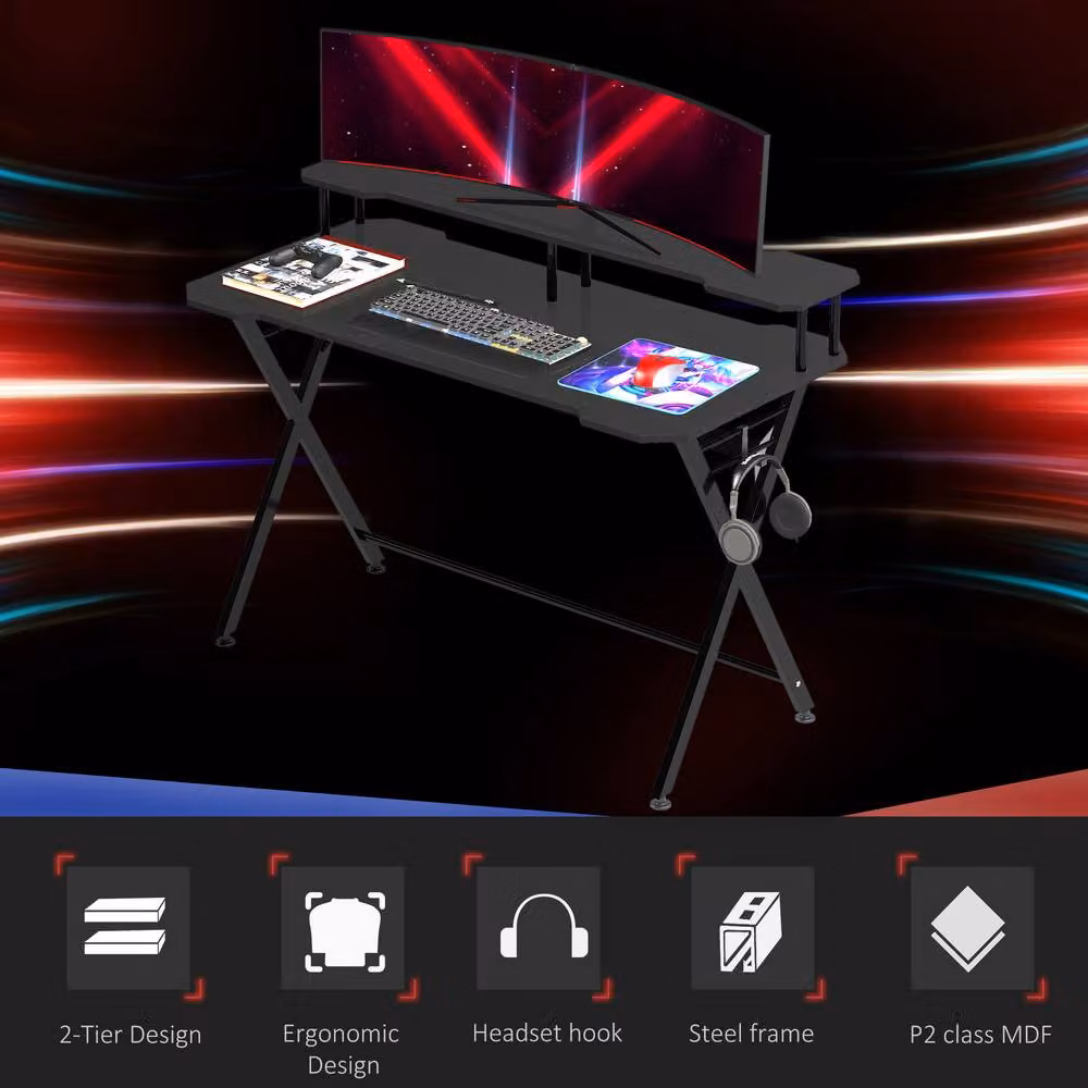 STILVORA Black Gaming Desk with Shelf and Hook – 4