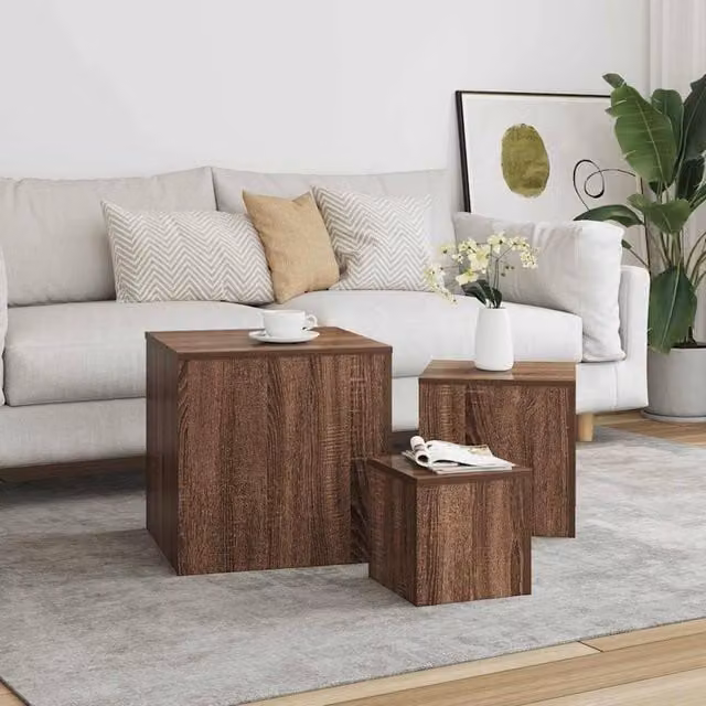 Berkfield Home Set of 3 Classic Square Nested Side Tables in Brown Oak MDF