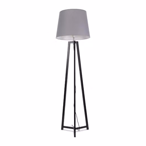 ValueLights Black Wood Tripod Floor Lamp with Grey Tapered Fabric Lampshade and Included LED Bulb
