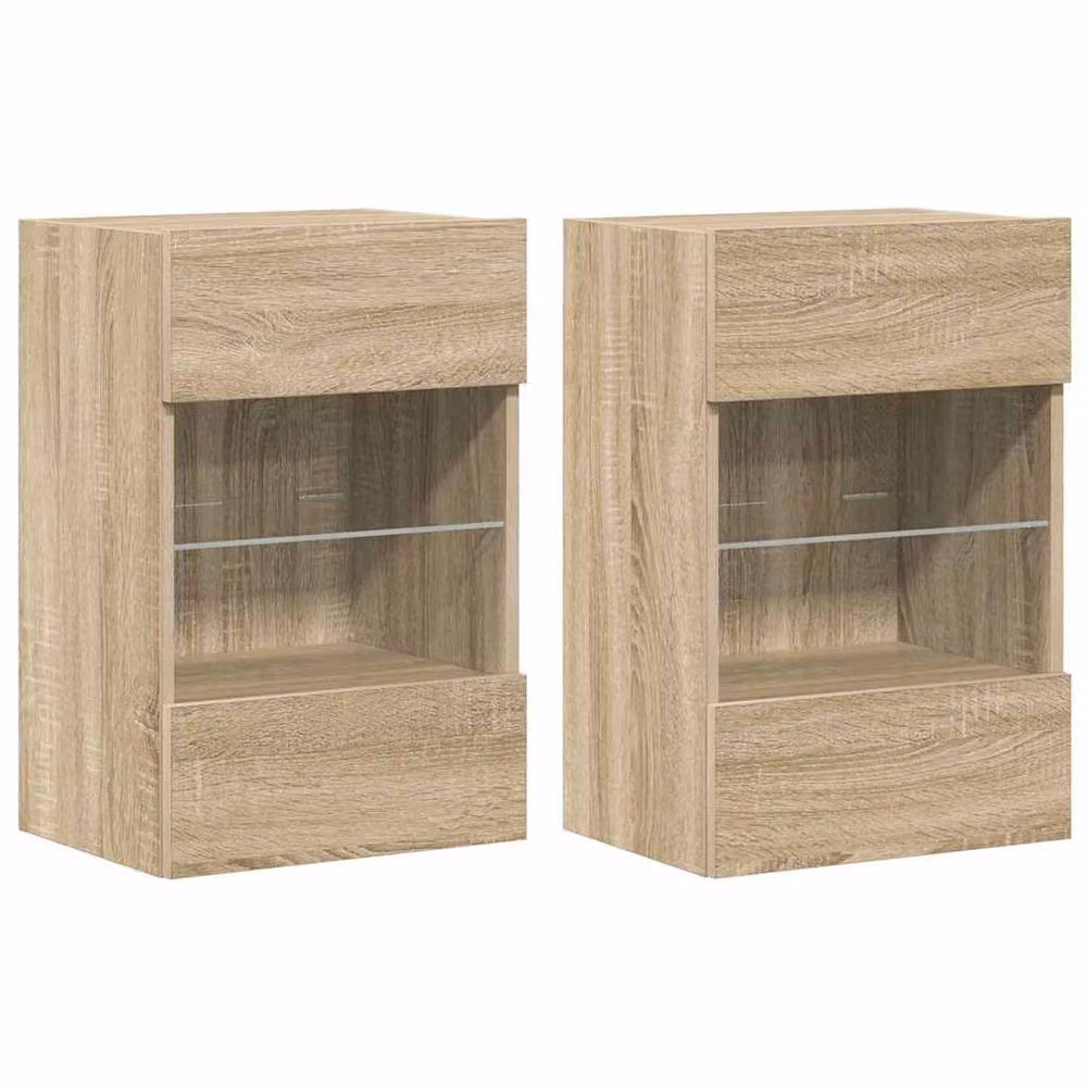 Berkfield Home Set of 2 Sonoma Oak TV Wall Cabinets with LED Lights in Light Tan, W: 40 cm, D: 30 cm, H: 60.5 cm – 3