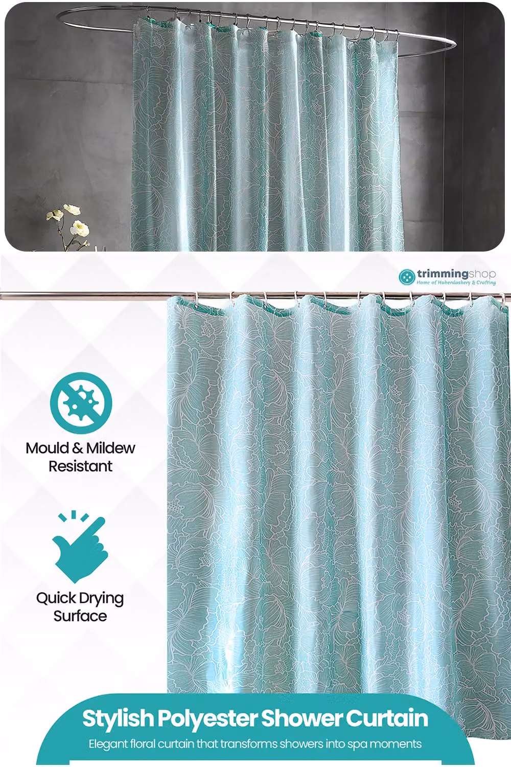 Neel Blue Floral Design Polyester Shower Curtain in Light Blue, Water Resistant and Mould Resistant, W: 180 cm, H: 180 cm – 2