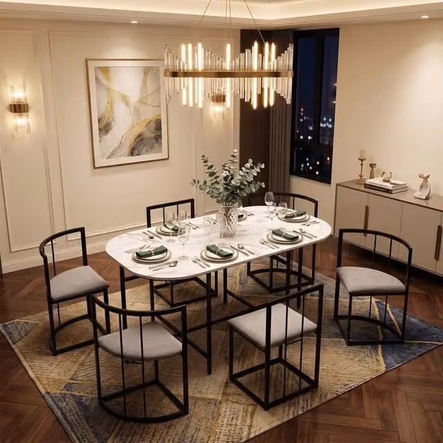 FENCHILIN Modern Space Saving Dining Set with Rectangular Table and 6 Upholstered Chairs in Black