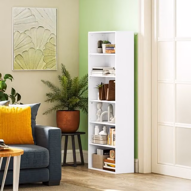HOMCOM 6 Tier Freestanding White Bookshelf with Adjustable Shelves