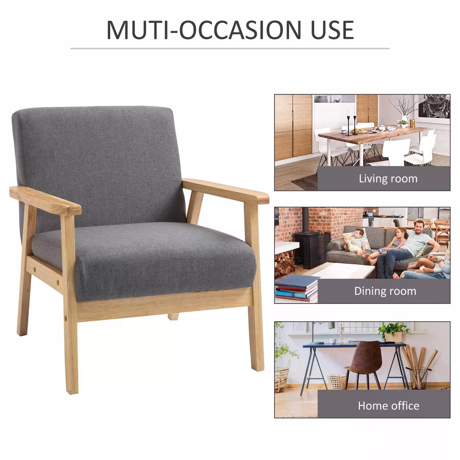 HOMCOM Mid Century Minimalistic Accent Chair with Solid Wood Frame and Grey Linen Cushions – 4