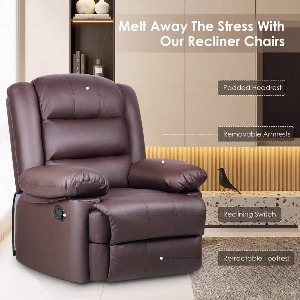 FORGEVIO Manual Recliner Armchair in Brown PU Leather with Solid Wood Frame – 4